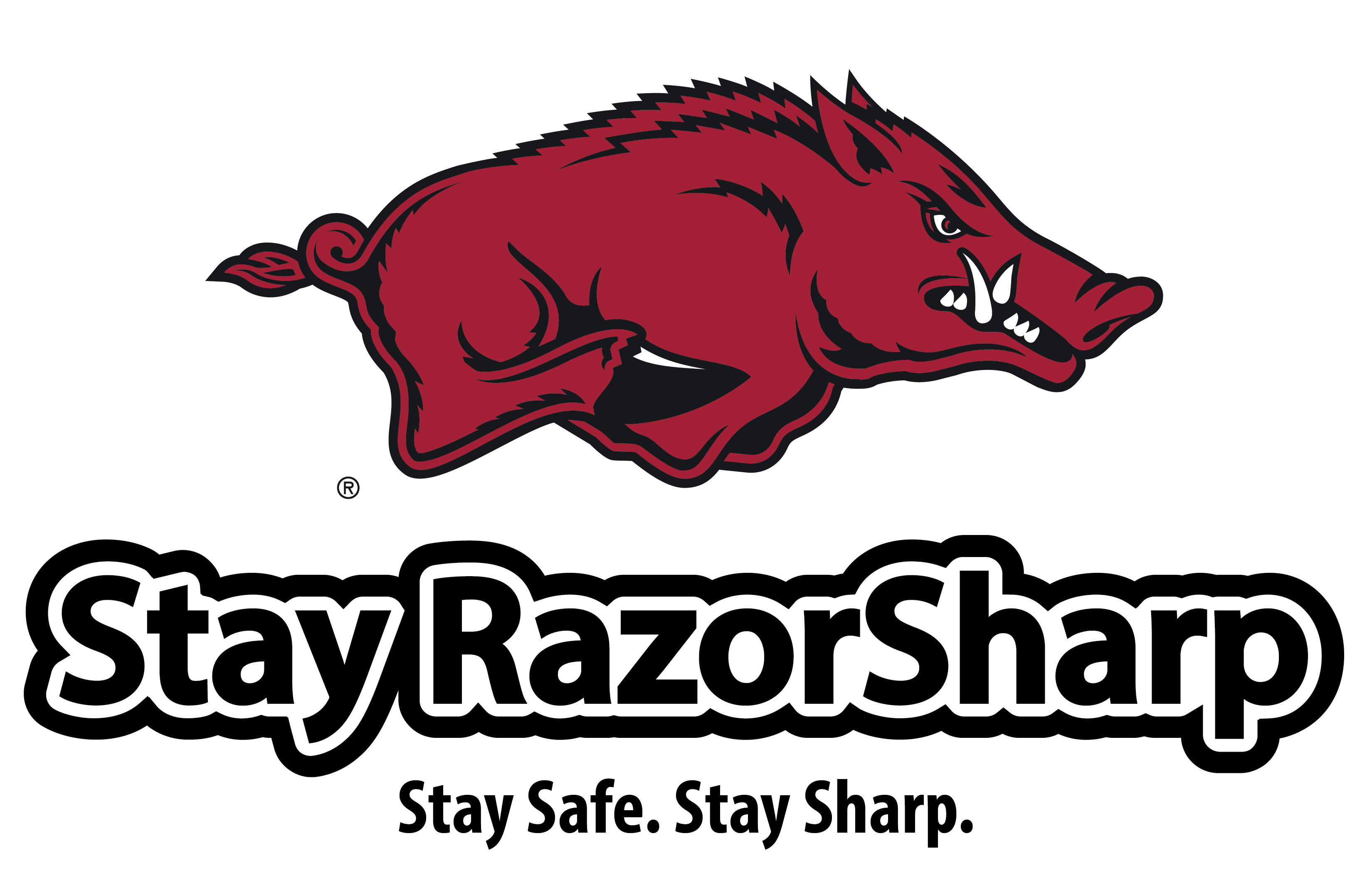 A red Arkansas Razorback is running toward the right side of the page over black test stating Stay RazorSharp. Below Stay RazorSharp, in black text, it states "Stay Safe. Stay Sharp."
